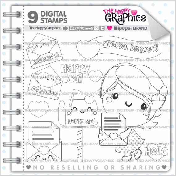 Happy Mail Stamp, COMMERCIAL USE, Digi Stamp, Happy Mail Digistamp, Happy Mail Girl, Delivery Stamps, Delivery Digistamp, Digital Stamp Il_570xn