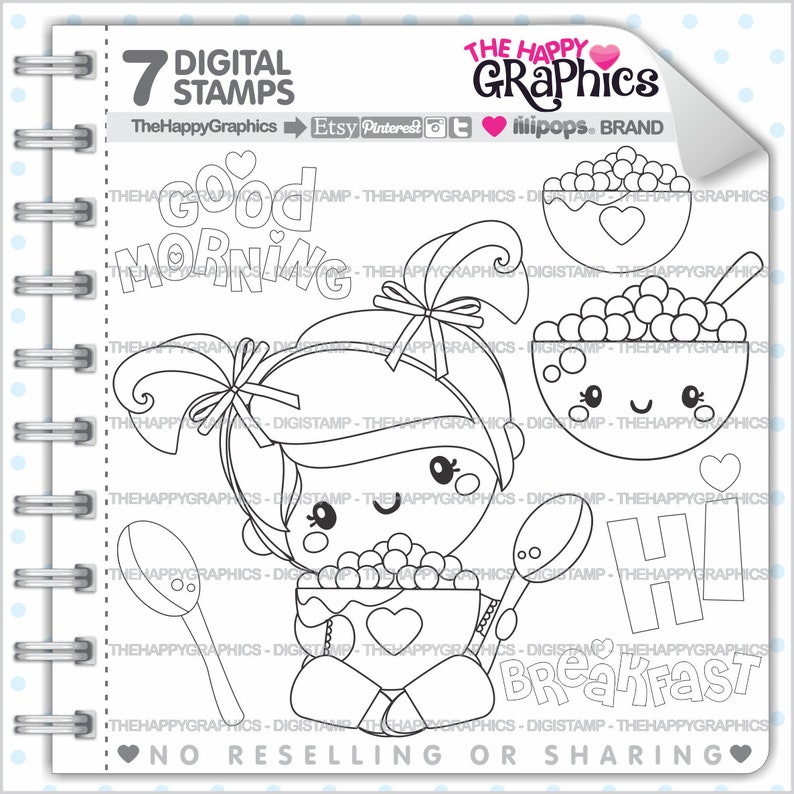 Breakfast Stamps, Commercial Use, Digi Stamp, Digital Image, Girl Digistamp, Morning Stamps, Cereal Digistamp, Digital Stamp, Line Art image 1