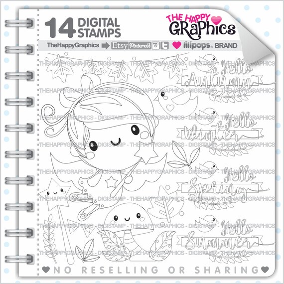 Fairy Stamp, COMMERCIAL USE, Digi Stamp, Fairy Digistamp, Kawaii Stamps, Fairy Digital Stamps, Season Stamp, Fairy Digital Stamp Il_570xn