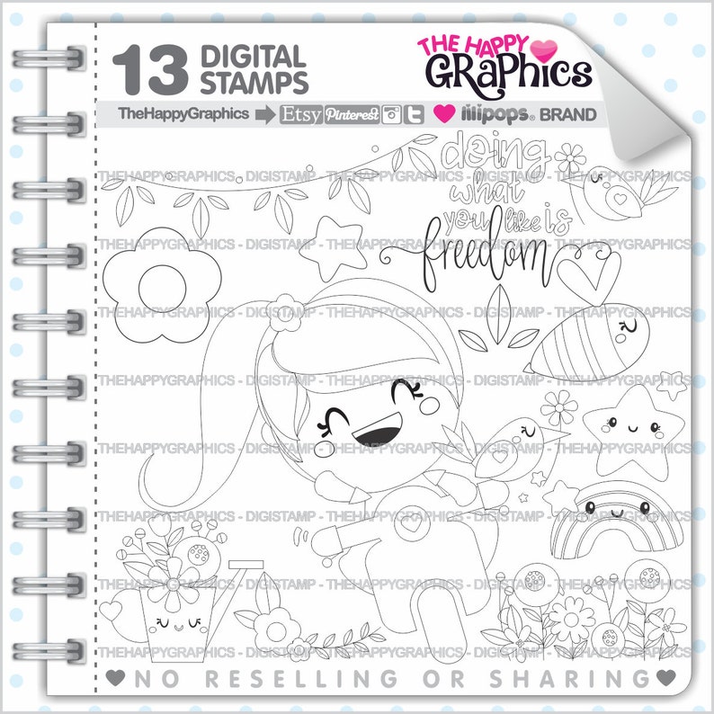 Timbres de printemps, Utilisation commerciale, Timbre Digi, Image numérique, Digistamp de printemps, Page de coloriage, timbres Kawaii, Moto, Timbre de fleur image 1