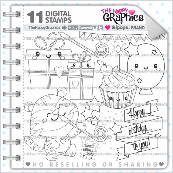 Happy Birthday Stamp, COMMERCIAL USE, Digi Stamp, Happy Birthday Digistamp, Kawaii Stamp, Llama Stamp, Animal Stamp, Tiger Digistamp Il_570xn