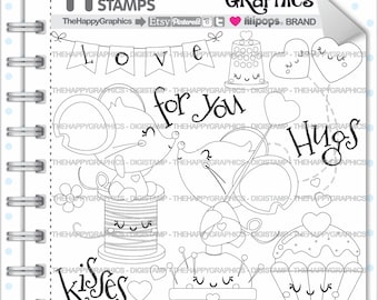 Love Stamp, Commercial Use, Digi Stamp, Digital Image, Love Digistamp, Coloring Page, Valentines Day Stamps, Mouse Stamp, Animal Stamp, Kiss