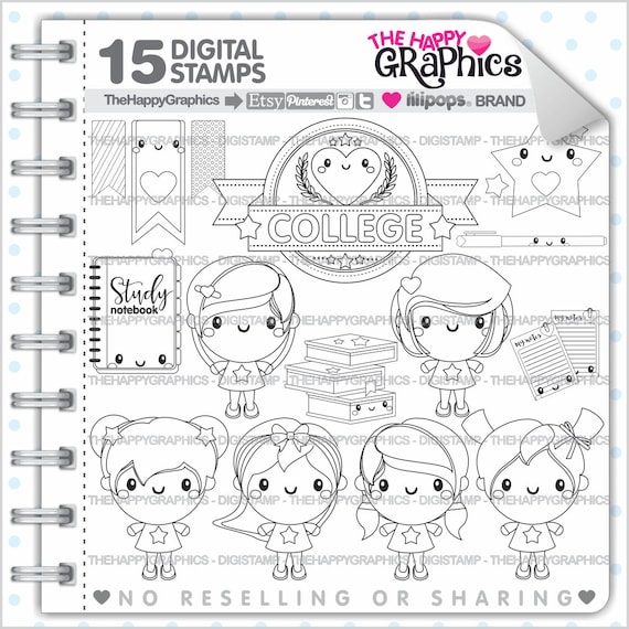 College Stamp, COMMERCIAL USE, Digi Stamp, Girl Stamp, School Digistamp, Kawaii Stamps, Student Digital Stamp, Sorority, Sisterhood Il_570xn