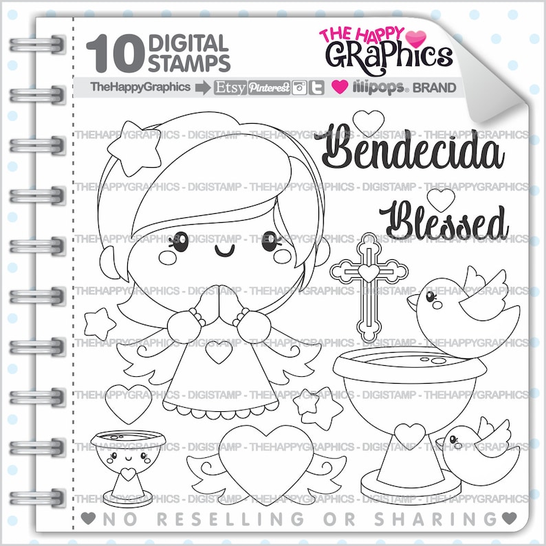 Baptism Stamps, Baptism Coloring Images, COMMERCIAL USE, Coloring Pages, Religious Stamps, Girl Stamps, Angel Stamps, Cross Stamp, Digistamp image 1