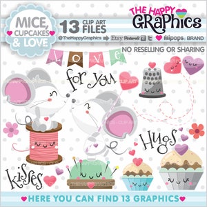 Love Clipart, Love Graphic, Valentines Day Clipart, COMMERCIAL USE, Valentine Graphic, Cute Clip Art, Couple Clipart, Cupcake, Mouse, Kiss image 1