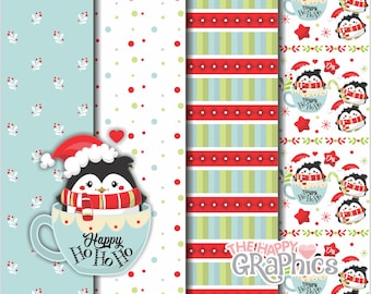 Christmas Digital Paper, Christmas Pattern, COMMERCIAL USE, Christmas Penguin, Christmas Background, Digital Scrapbook Paper, Penguin