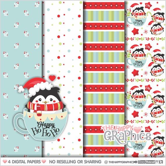 Christmas Digital Paper, Christmas Pattern, COMMERCIAL USE, Christmas Penguin, Christmas Background, Digital Scrapbook Paper, Penguin Il_570xn