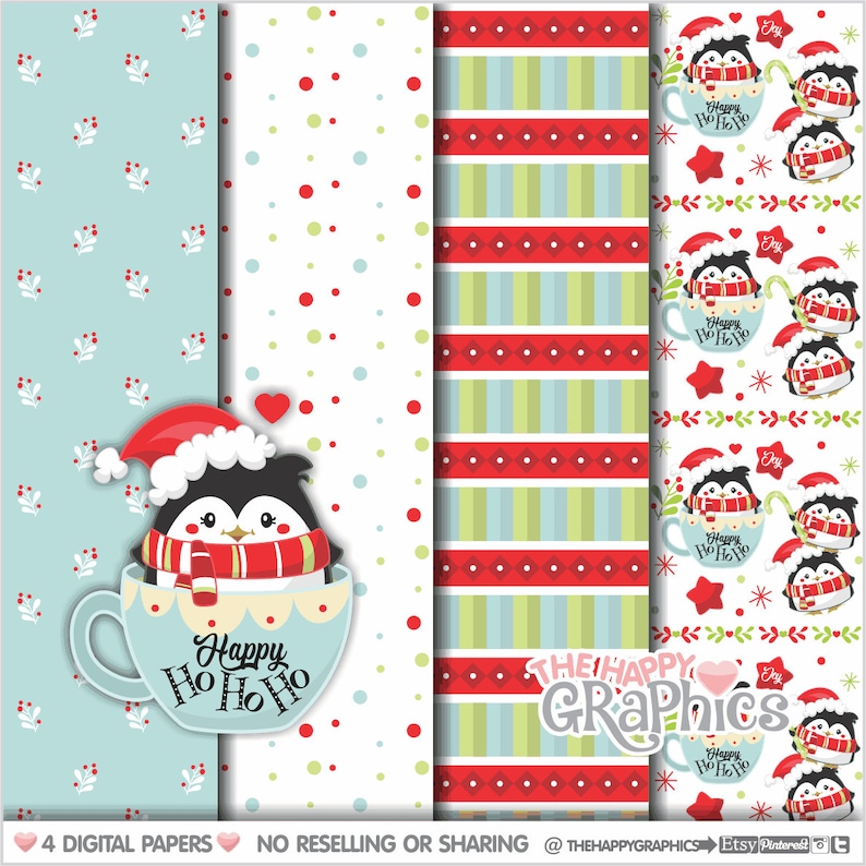 Christmas Digital Paper, Christmas Pattern, COMMERCIAL USE, Christmas Penguin, Christmas Background, Digital Scrapbook Paper, Penguin image 1