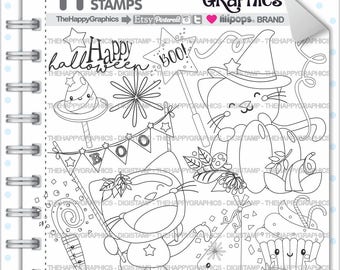 Halloween Stamp, Commercial Use, Digi Stamp, Digital Image, Halloween Digistamp, Halloween Party, Halloween Clipart, Cat Stamp, Art Line