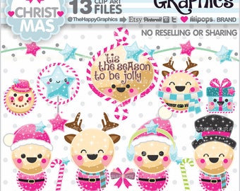 Clipart de Navidad, Gráficos de Navidad, USO COMERCIAL, Fiesta de Navidad, Accesorios del planificador, Clipart de invierno, Navidad rosa, Clipart de muñeco de nieve