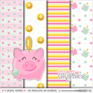 Saving Money Digital Paper, COMMERCIAL USE, Saving Money Pattern, Printable Paper, Save Money Paper, Coin Digital Paper, Piggy Bank Pattern image 1