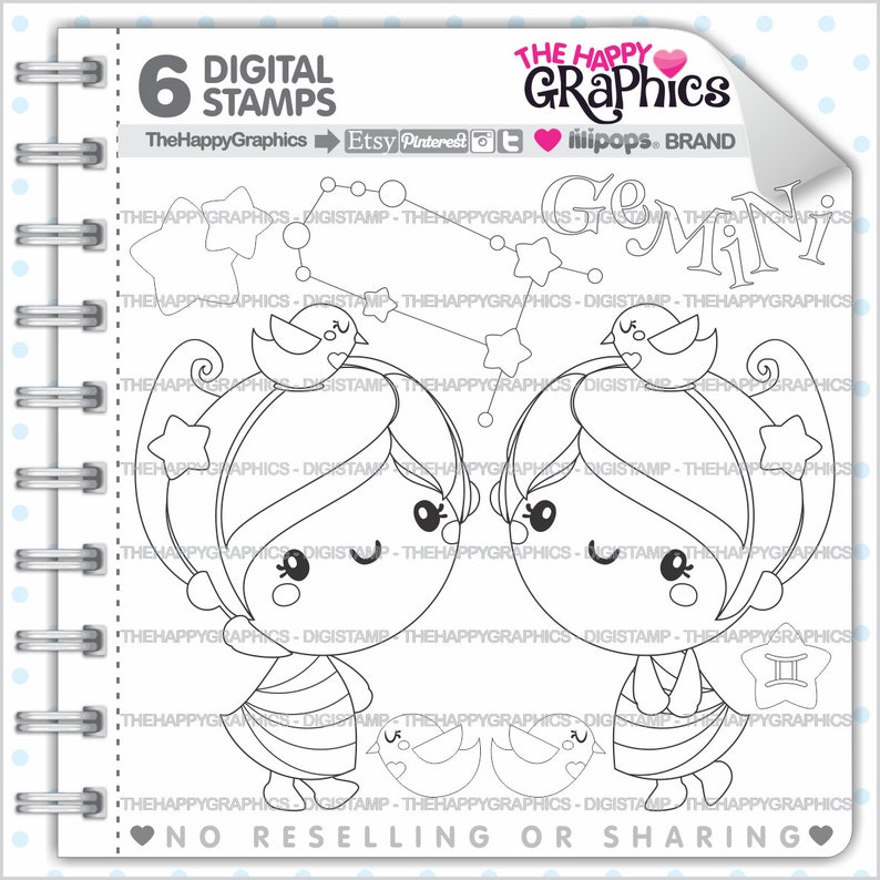 Gemini Digistamp, Gemini Digital Stamp, COMMERCIAL USE, Digital Stamp, Zodiac Digistamp, Zodiac Stamp, Constellation Stamp, Zodiac Sign image 1