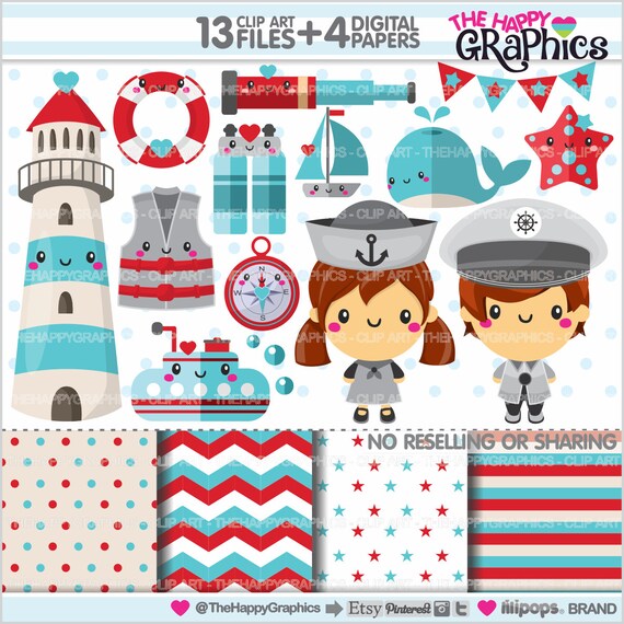 Nautical Clipart, Navy Clipart, COMMERCIAL USE, Cute Clipart, Marine Clipart, Sailor Clipart, Planner Accessories, Sea Il_570xn