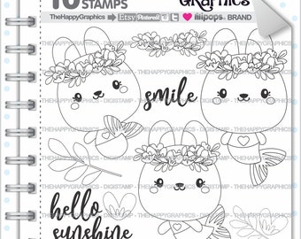 Mermaid Stamps, Commercial Use, Digi Stamp, Digital Image, Mermaid Digistamp, Kawaii Stamps, Bunny Digital Stamp, Rabbit Digistamp, Coloring