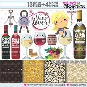 Wine Clipart, Wine Graphics, COMMERCIAL USE, Planner Accessories, Wine Party, Wine Lover Clipart, Drink Clipart, Alcohol