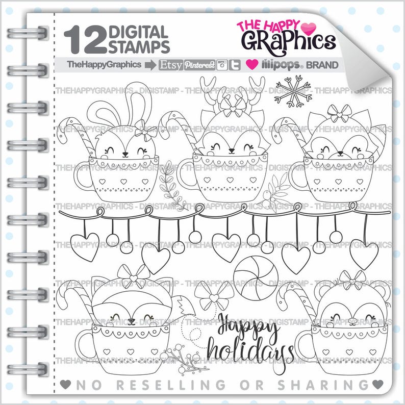 Christmas Stamp, COMMERCIAL USE, Digi Stamp, Digital Image, Christmas Digistamp, Christmas Coloring Page, Christmas Graphic, Animals, Friend image 1