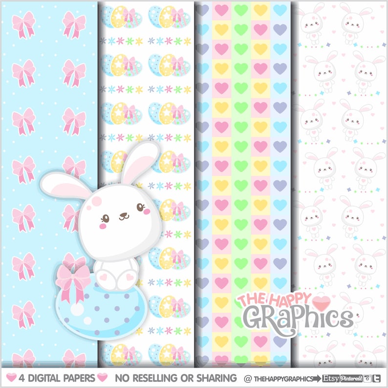 Spring Digital Paper, COMMERCIAL USE, Spring Pattern, Printable Paper, Rabbit Paper, Bunny Pattern, Easter Pattern, Easter Paper, Seasonal image 1