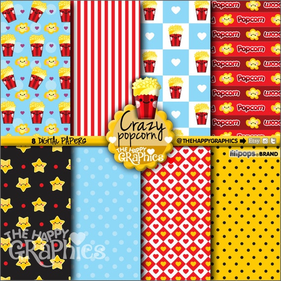 Popcorn Digital Paper, COMMERCIAL USE, Popcorn Pattern, Printable Paper, Popcorn Paper, Popcorn Party, Popcorn Celebration, Movie Il_570xn