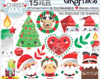 Clipart de Noël, graphiques de Noël, utilisation commerciale, fête de Noël, accessoires de planificateur, Clipart d'hiver, Santa Clipart, Kawaii, numérique