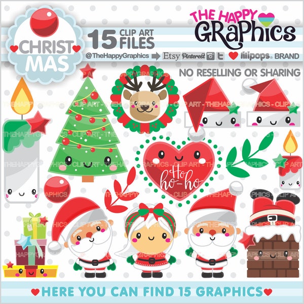 Christmas Clipart, Christmas Graphics, COMMERCIAL USE, Christmas Party, Planner Accessories, Winter Clipart, Santa Clipart, Kawaii, Digital