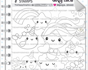 Unicorn Stamp, Commercial Use, Digi Stamp, Digital Image, Narwhal Digistamp, Narwhal Stamp, Mermaid Stamp, Mermaid Clipart, Cute