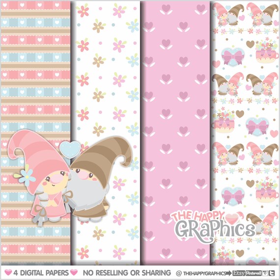 Valentine Gnomes, Digital Paper, Valentines Gnomes, Love Digital Paper, COMMERCIAL USE, Couple Digital Paper, Valentines Day, Valentines Il_570xn