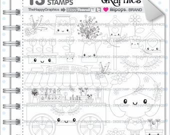 Flower Shop Stamp, COMMERCIAL USE, Digi Stamp, Digital Image, Flower Shop Digistamp, Flower Coloring Page, Girl Digistamp, Kid Stamp