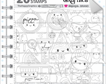 Pizza Stamp, COMMERCIAL USE, Digi Stamp, Number Digistamp, Kawaii Stamps, Delivery Stamps, Pizza Truck Digital Stamp, Food Stamp