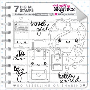 Travel Girl Stamp, Commercial Use, Digi Stamp, Digital Image, Travel Digistamp, Girl Digital Stamp, Traveling Digistamp, Business image 1