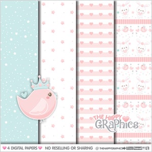 Bird Digital Paper, Bunny Digital Paper, COMMERCIAL USE, Bunny Pattern, Heart Digital Paper, Digital Paper Pack, Scrapbook Paper Digital image 1