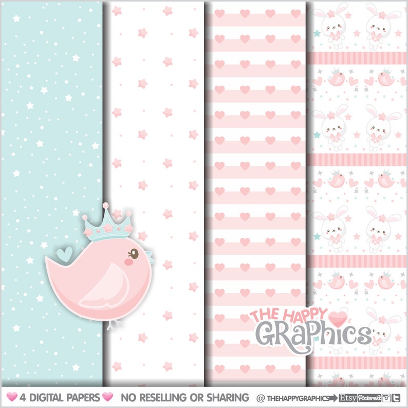 Bird Digital Paper, Bunny Digital Paper, COMMERCIAL USE, Bunny Pattern, Heart Digital Paper, Digital Paper Pack, Scrapbook Paper Digital image 1