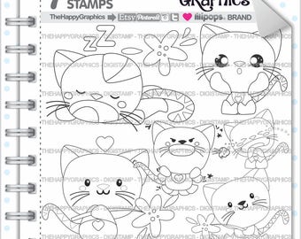 Kattenstempel, commercieel gebruik, Digi-stempel, digitale afbeelding, cat digistamp, kat kleurplaat, herfstafbeelding, dierenstempel, stemming, gevoel