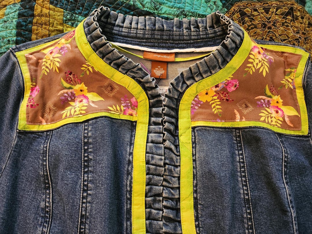 Plus Size Denim Jacket: Ruffled Trim, Brown Floral Applique - Etsy