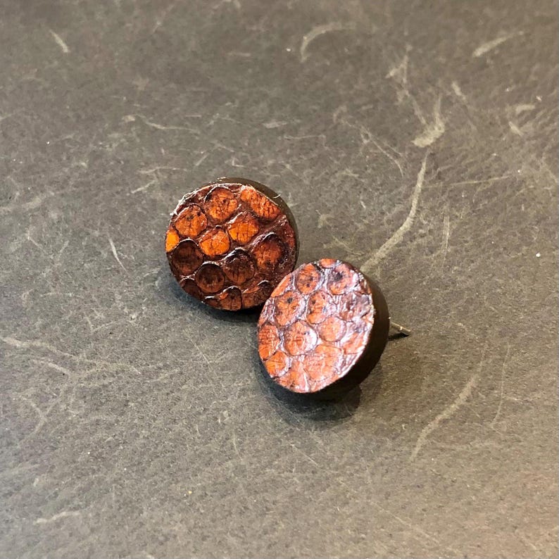 May include: Two round stud earrings with a textured, scale-like pattern in shades of brown and orange. The earrings have a dark brown border and a silver post. The earrings are displayed on a dark gray surface.