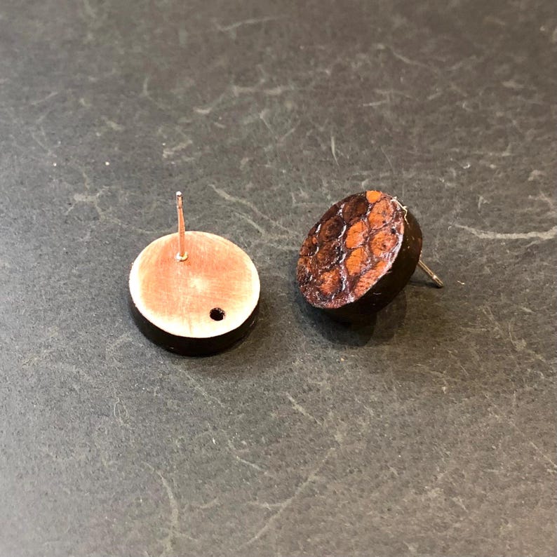 May include: Two round stud earrings. One earring features a copper-colored back with a black rim and a silver post. The other earring has a brown, textured surface with a black rim and a silver post. The earrings are on a dark gray surface.