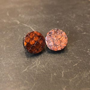 May include: Two round stud earrings with a textured, scaly pattern in shades of brown and orange. The earrings have a dark border and are set against a dark background.