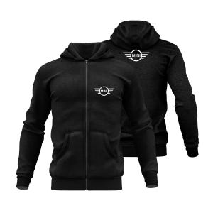 May include: Two black zip-up hoodies with the "MINI" logo in white. The logo is on the front left chest and the back of the hood. The hoodies have a drawstring hood and front pockets. The fabric appears to be a dark heather gray.