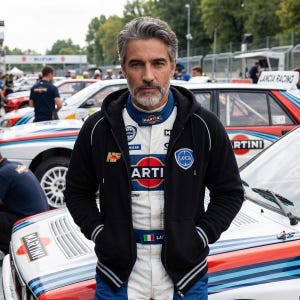 May include: A man in a black zip-up hoodie with white stripes, standing in front of a vintage race car. He wears a white racing suit with blue and red accents, and a "MARTINI" logo. The car has a red, white, and blue design.