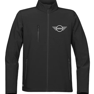 May include: Black zip-up jacket with a stand-up collar and multiple pockets. The jacket features a white "MINI" logo on the chest. The jacket has a sleek, modern design, suitable for various weather conditions.