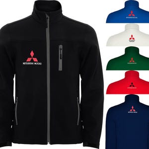 May include: Black softshell jacket with a full zipper, a stand-up collar, and a chest pocket. The jacket features the Mitsubishi Motors logo in red on the chest. Additional jackets in blue, white, green, red, and navy blue are also shown.