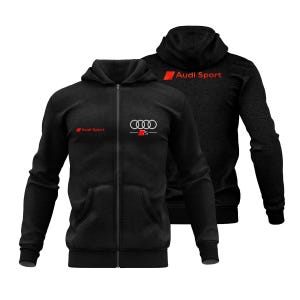 May include: Black zip-up hoodie with the Audi Sport logo in red and white. The front features the Audi rings logo and the text "S5". The back of the hoodie also displays the Audi Sport logo. The hoodie has a hood and front pockets.