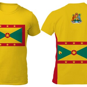 Może przedstawiać: Żółta koszulka z flagą Grenady z przodu i z tyłu. Projekt flagi obejmuje centralną gwiazdę, zielono-żółty trójkąt i czerwone obramowania z gwiazdami. Z tyłu koszulki widnieje również herb.