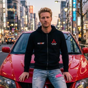 May include: Black zip-up hoodie with "RALLIART" and Mitsubishi Motors logos. The person is wearing the hoodie and leaning on a red car. The background shows a city street with buildings and streetlights.