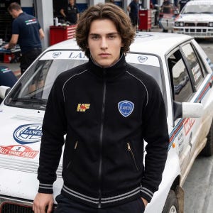May include: A black zip-up jacket with white trim and the Lancia logo. The jacket has a high collar and two front pockets. The person is standing in front of a white rally car with sponsor decals.