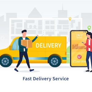 Peut inclure: Illustration d'une camionnette de livraison jaune avec le mot "DELIVERY" sur le côté. Une personne porte un colis, et une autre utilise un smartphone avec une application de livraison. L'image comprend le texte "Fast Delivery Service".
