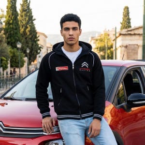 May include: Black zip-up hoodie with white trim and the Citroën Racing logo. The hoodie also features the Total logo on the left chest. The person is wearing a white t-shirt and light blue jeans. A red car is in the background.