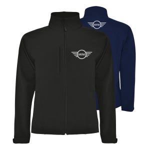 May include: Black and navy blue zip-up jackets with the "MINI" logo in white on the chest and back. The jackets have a high collar and a pocket on the left chest. The jackets are made of a soft, water-resistant material.