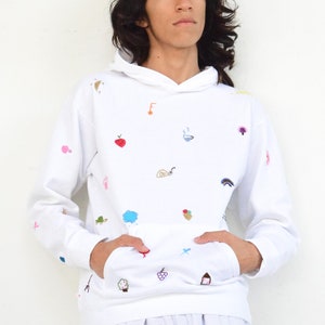 Hand Embroidered Hoodie. Emoji Hoodie. White Hoodie image 1