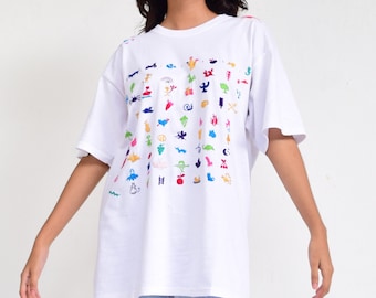 White Embroidered T-shirt. Cotton Tee. Emoji T