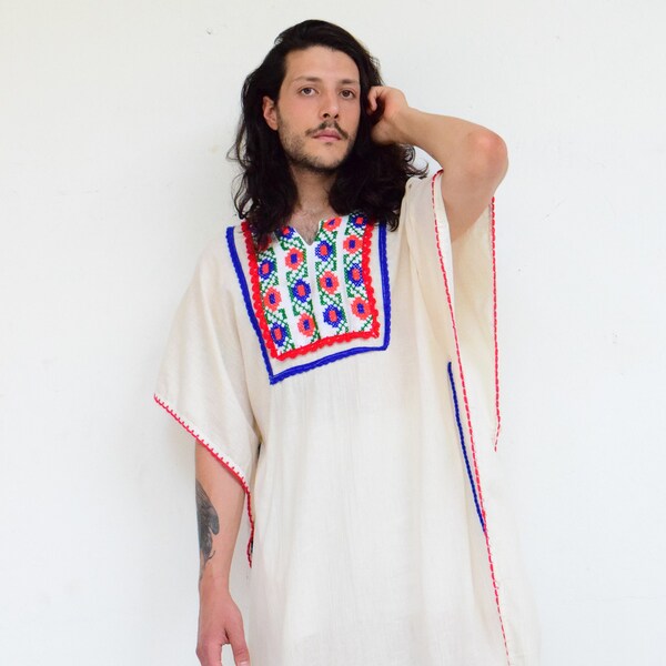 Vintage Embroidered Huipil. Kaftan Dress.